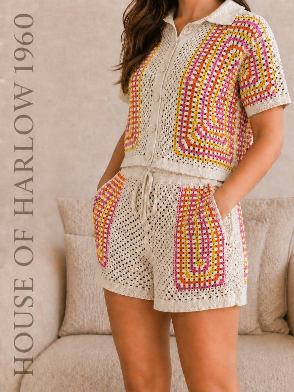 house of harlow 1960 crochet top shorts set cream multi S - Picture 2 of 11